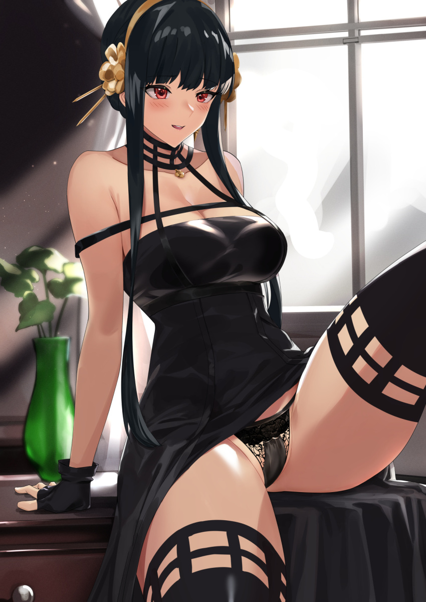 bare_shoulders black_choker black_dress black_gloves black_hair black_panties black_thighhighs blazingchaos breasts choker cleavage commentary dress female fingerless_gloves flower gloves gold_hairband hair_flower hair_ornament hairband highres knee_up large_breasts leaning_back long_hair panties parted_lips red_eyes rose sidelocks sitting smile solo spikes spy_x_family teeth thighhighs thighs underwear upper_teeth_only vase yor_briar