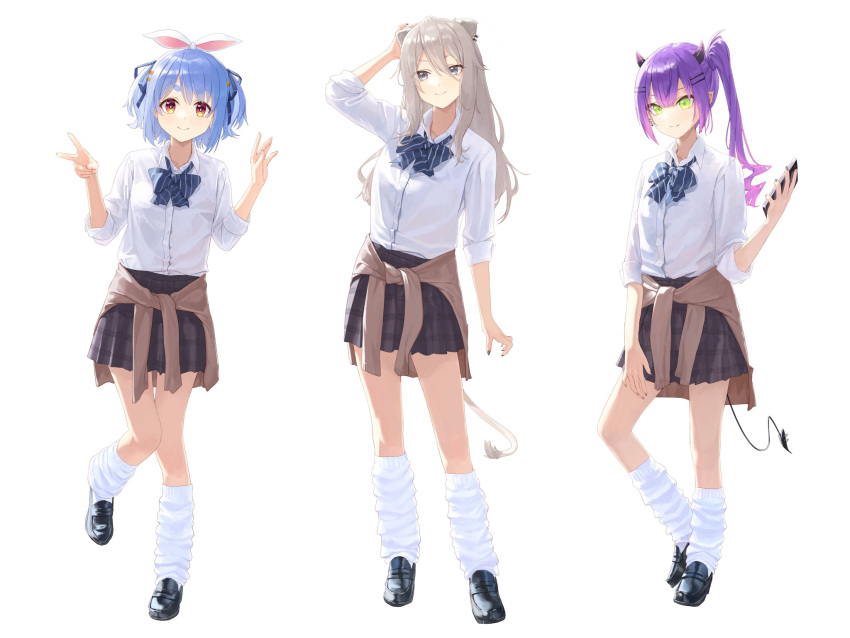 3girls alternate_costume animal_ears black_nails blue_hair blue_skirt breasts brown_footwear cellphone demon_girl demon_horns demon_tail double_v ear_piercing green_eyes grey_eyes grey_hair hair_ornament hairclip highres holding holding_phone hololive horns lion_ears lion_girl lion_tail long_hair looking_at_viewer makimaki_makky7 medium_breasts multiple_girls nail_polish phone piercing pointy_ears ponytail purple_hair rabbit_ears rabbit_girl shirt shishiro_botan shoes skirt small_breasts smile socks symbol-shaped_pupils tail tied_ears tokoyami_towa usada_pekora v virtual_youtuber white_shirt white_socks yellow_eyes