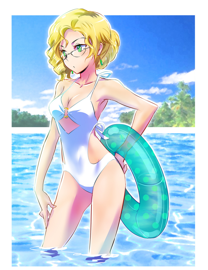 blonde_hair blue_sky breasts casual casual_one-piece_swimsuit cleavage cloud commentary contrapposto day earrings female glasses glynda_goodwitch green_eyes hair_bun hand_on_own_hip hand_on_own_thigh highres iesupa innertube jewelry looking_away mature_female medium_breasts o-ring o-ring_swimsuit one-piece_swimsuit outdoors rwby single_hair_bun sky solo standing swim_ring swimsuit wading water white_one-piece_swimsuit