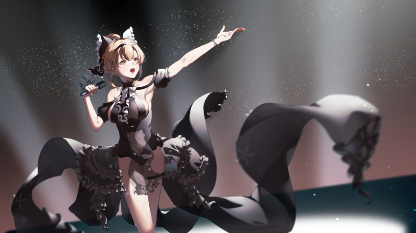 :d absurdres armpits black_leotard black_theme bow breasts brown_eyes brown_hair covered_navel eine_(virtuareal) female frilled_bow frilled_skirt frills grey_skirt hairband highres holding holding_microphone jiliang_jiying_yumao large_breasts leotard microphone navel nijisanji open_mouth outstretched_arms ponytail showgirl_skirt skirt smile solo spread_arms standing thigh_strap virtual_youtuber virtuareal yellow_eyes