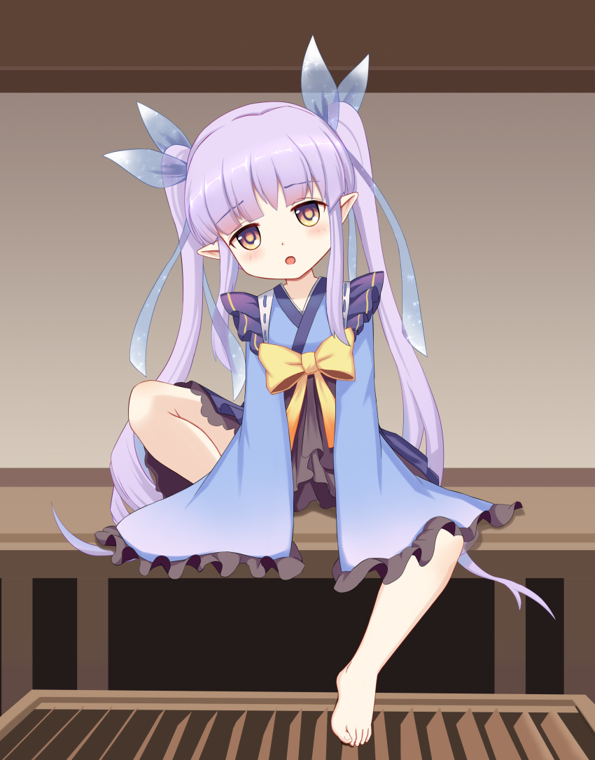 absurdres barefoot black_skirt blue_kimono bow elf feet female frills full_body highres japanese_clothes kimono knee_up kyoka_(princess_connect!) long_hair long_sleeves open_mouth photoshop_(medium) pointy_ears princess_connect! purple_eyes purple_hair ribbon sitting skirt solo spread_legs the_hermit toes twintails very_long_hair wide_sleeves yellow_bow