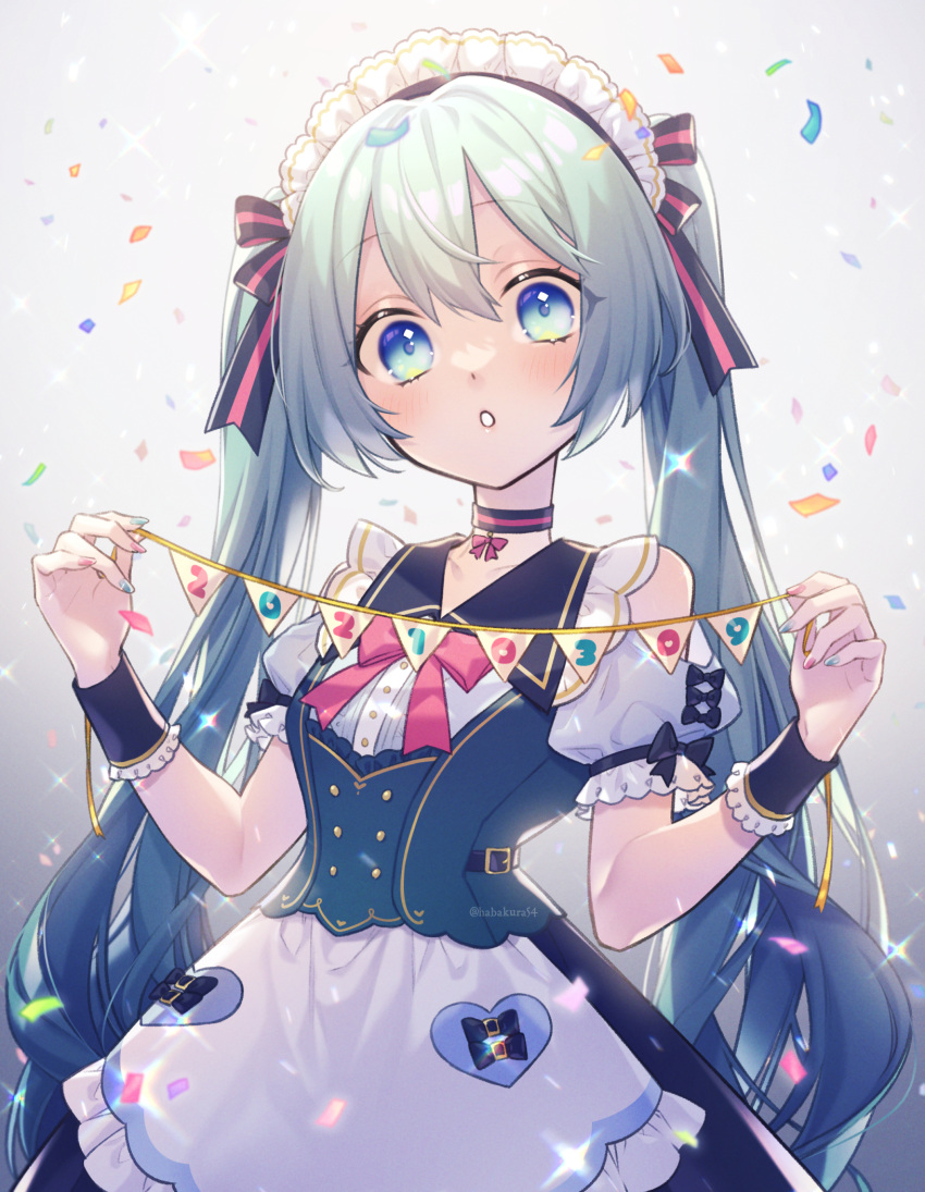 39 alternate_costume apron aqua_nails arms_up bare_shoulders black_choker blue_eyes bow bowtie choker collarbone commentary confetti dated dress enmaided female frills goshi-san grey_background hair_between_eyes hair_ribbon hatsune_miku heart highres holding holding_string long_hair looking_at_viewer maid maid_headdress multicolored_nails nail_polish parted_lips pennant pink_bow pink_bowtie pink_choker pink_nails puffy_short_sleeves puffy_sleeves ribbon short_sleeves sleeveless sleeveless_dress solo string string_of_flags striped twintails upper_body very_long_hair vocaloid waist_apron watermark wrist_cuffs