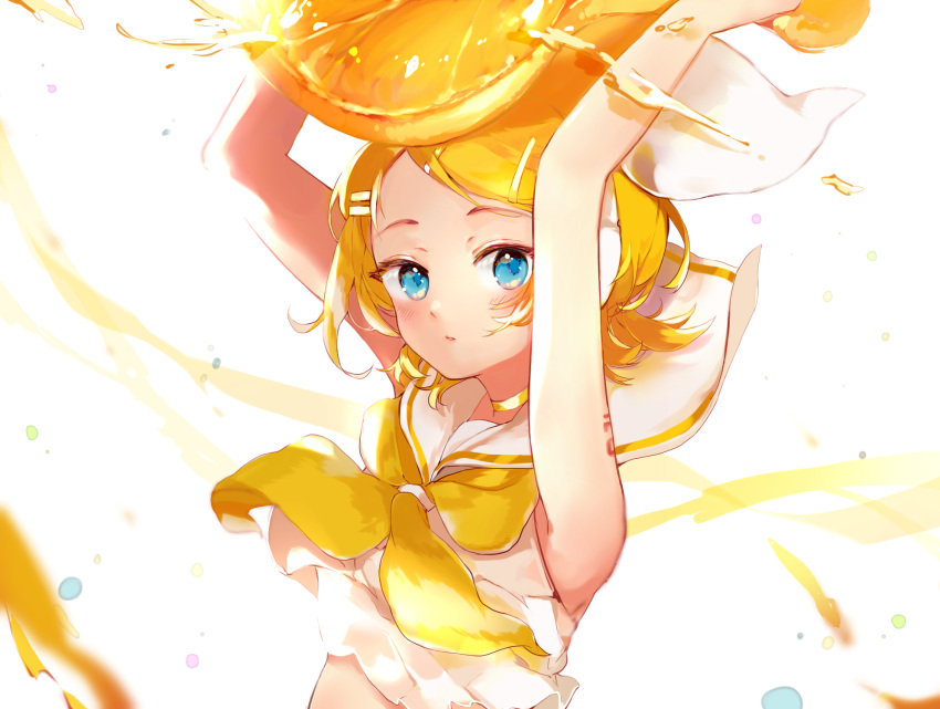 arms_up bare_shoulders blonde_hair blue_eyes bow collared_shirt commentary crop_top expressionless female food forehead fruit hair_ornament hairbow hairclip highres holding holding_food holding_fruit kagamine_rin limited_palette liquid looking_at_viewer neckerchief orange_(fruit) oversized_food oversized_object oyamada_gamata parted_lips sailor_collar shirt shoulder_tattoo solo swept_bangs symbol-only_commentary tattoo vocaloid white_background white_bow white_shirt yellow_neckerchief yellow_theme