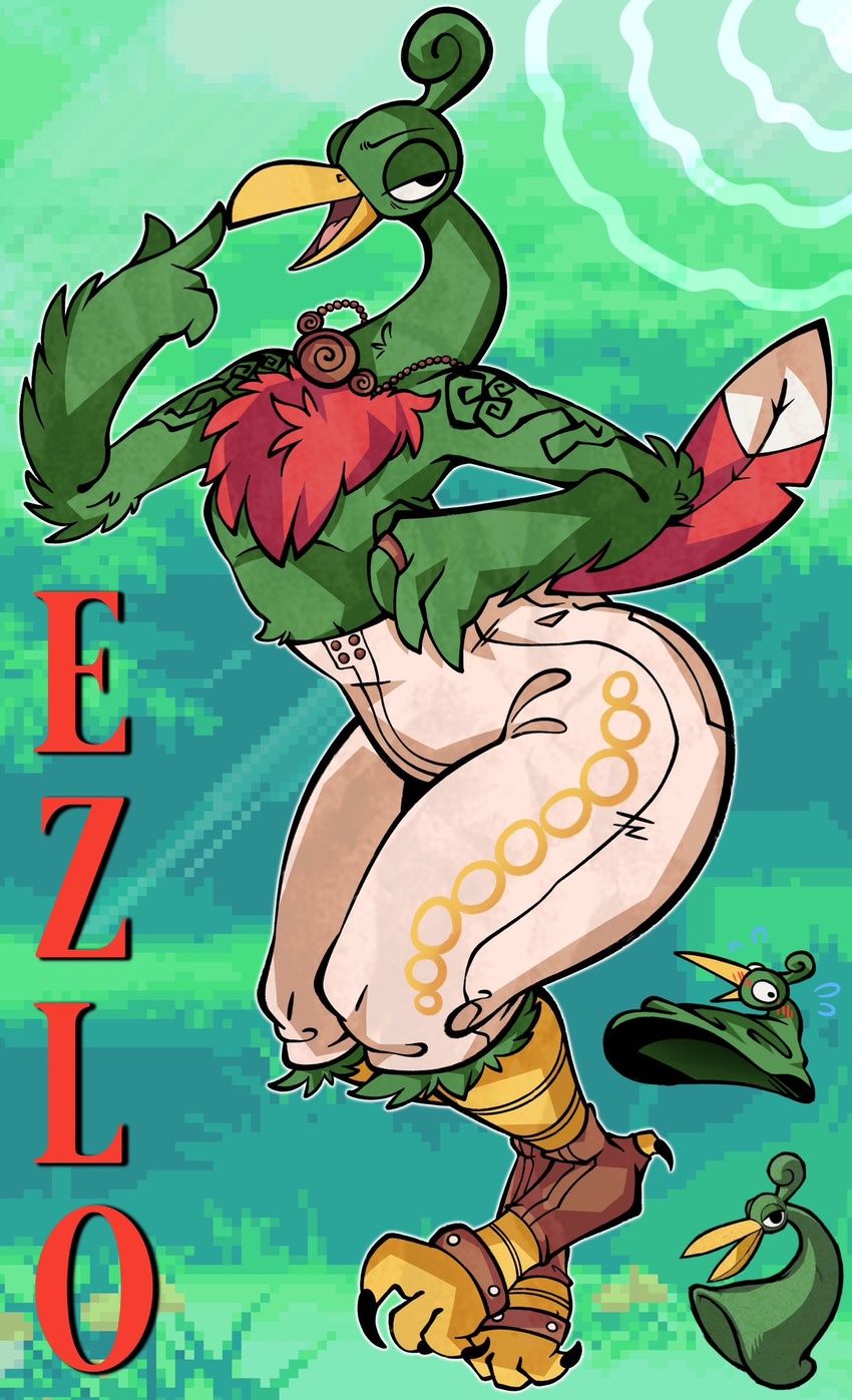 alternate_species anklet anthro avian backbend beak bird bottomwear chest_tuft clothing curvy_figure ezlo feather_markings feathers feet flexible footwear gesture green_body green_feathers hand_gesture hi_res jewelry male markings minish minish_cap necklace nintendo pants pattern_clothing pointing pointing_at_head pointing_at_self ring rito salamikii sassy smile solo tail tail_feathers talons the_legend_of_zelda thick_thighs toes tuft winged_arms wings yellow_beak