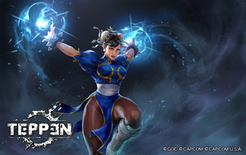 black_hair blue_dress bracelet bun_cover china_dress chinese_clothes chun-li commentary copyright_name copyright_notice dark_background dress english_commentary female fighting_stance glowing highres jeremy_chong jewelry official_art open_mouth pantyhose solo spiked_bracelet spikes street_fighter teppen