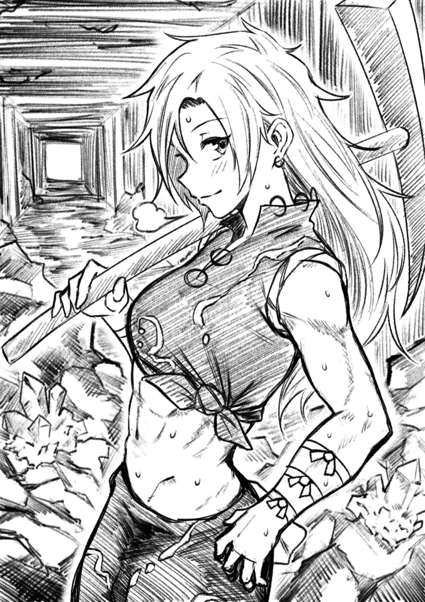 abs absurdres bad_id bad_twitter_id closed_mouth commentary_request cowboy_shot crop_top crystal female greyscale highres himemushi_momoyo long_hair looking_at_viewer midriff mine_(place) monochrome muscular muscular_female navel pickaxe sen_(daydream_53) shirt smile solo standing sweat tied_shirt touhou