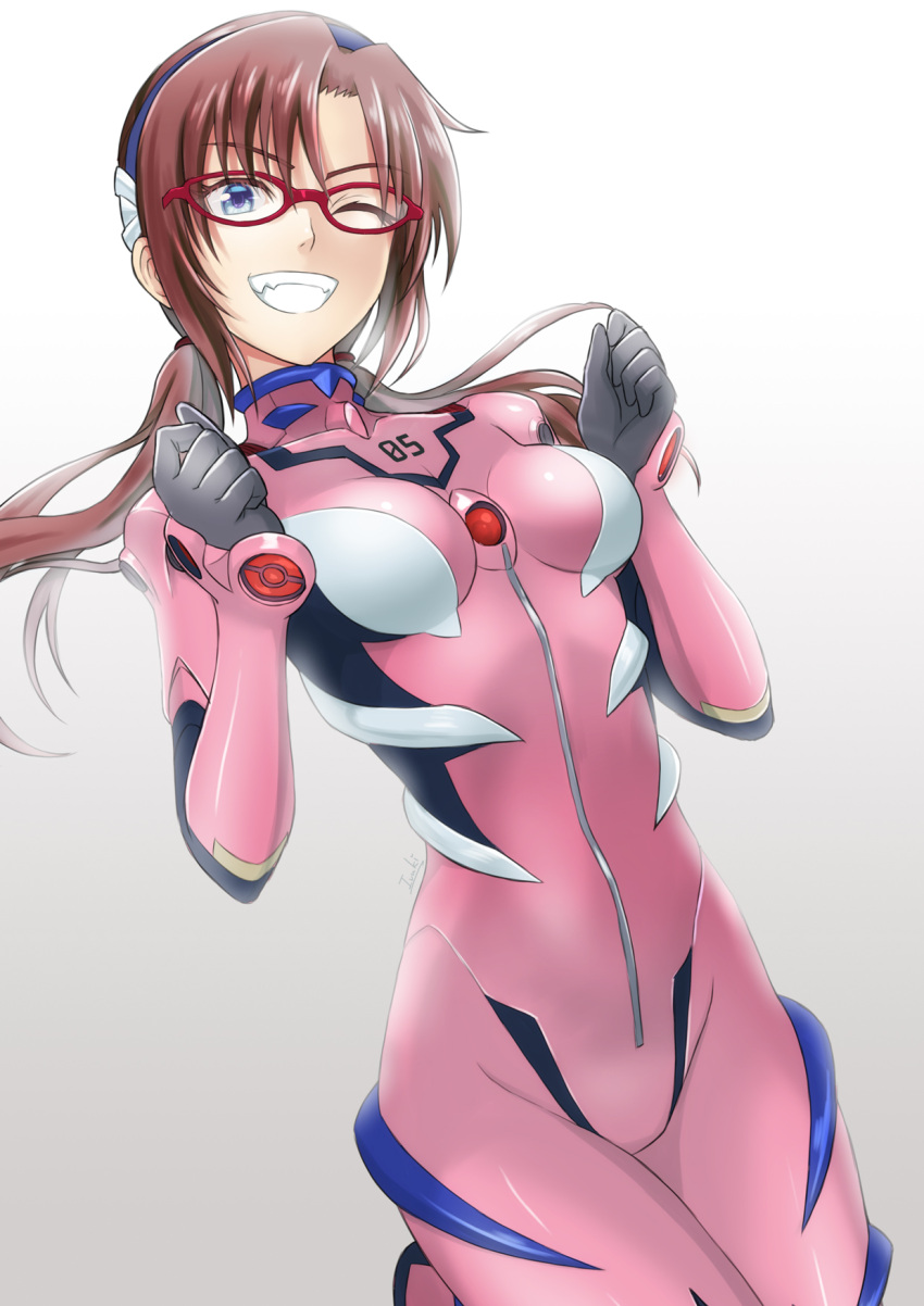 alternate_breast_size black_hairband bodysuit breasts breasts_apart brown_hair female floating_hair glasses gloves gradient_background grey_background grey_gloves grin hairband highres ivuki leg_up long_hair low_twintails makinami_mari_illustrious neon_genesis_evangelion one_eye_closed pilot_suit pink_bodysuit plugsuit rebuild_of_evangelion red-framed_eyewear science_fiction small_breasts smile solo twintails white_background