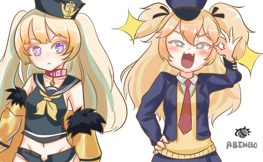 2girls :3 abineko artist_name azur_lane bache_(azur_lane) bache_(azur_lane)_(cosplay) black_sailor_collar blazer blonde_hair blue_eyes blue_headwear collar commentary cosplay costume_switch crossover fur-trimmed_jacket fur_trim girls'_frontline hat highres jacket long_hair long_sleeves look-alike micro_shorts midriff multiple_girls necktie oerba_yun_fang ok_sign open_clothes open_jacket open_mouth peaked_cap police_hat purple_eyes red_necktie sailor_collar school_uniform shorts simple_background sleeveless sparkle super-shorty_(girls'_frontline) super-shorty_(girls'_frontline)_(cosplay) two_side_up white_background