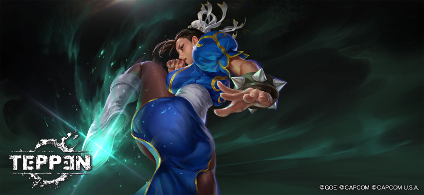 black_hair blue_dress boots bracelet bun_cover capcom china_dress chinese_clothes chun-li commentary copyright_name copyright_notice dark_background dress english_commentary female fighting_stance glowing highres jeremy_chong jewelry looking_at_viewer official_art pantyhose solo spiked_bracelet spikes street_fighter teppen white_footwear