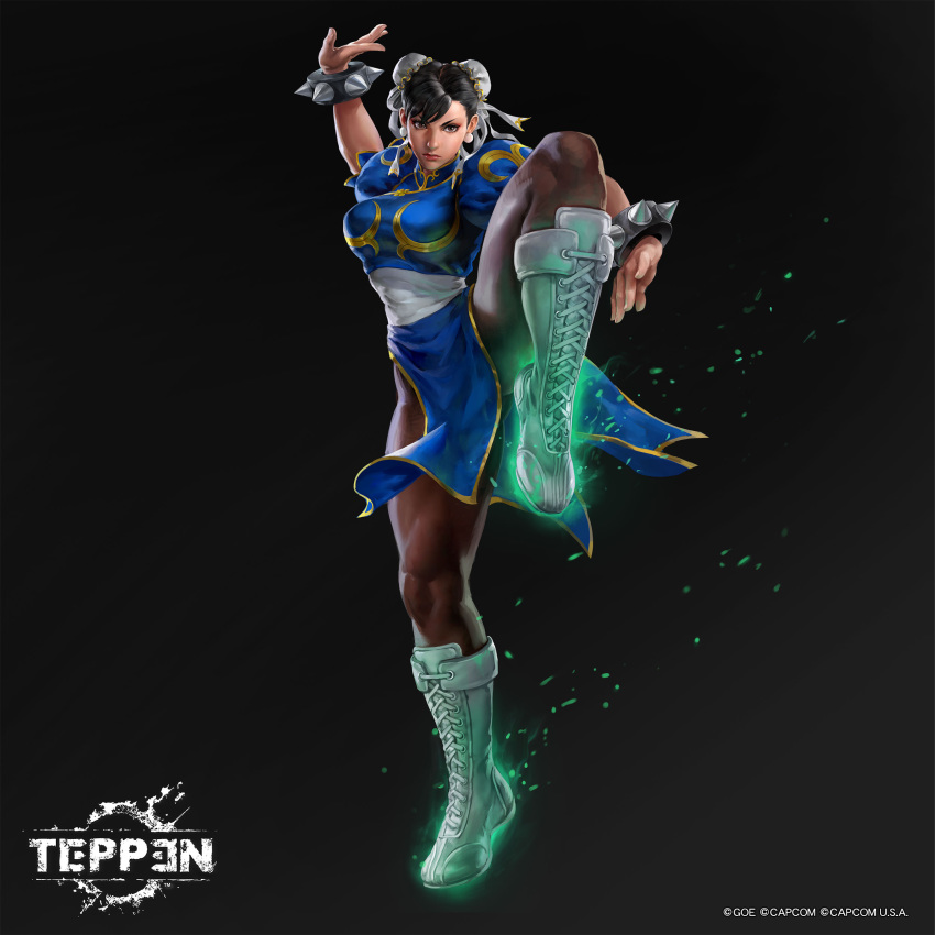 absurdres black_hair blue_dress boots bracelet bun_cover capcom china_dress chinese_clothes chun-li commentary copyright_name copyright_notice cross-laced_footwear dress english_commentary female fighting_stance glowing highres jeremy_chong jewelry muscular muscular_female official_art pantyhose simple_background solo spiked_bracelet spikes street_fighter teppen thick_thighs thighs white_footwear