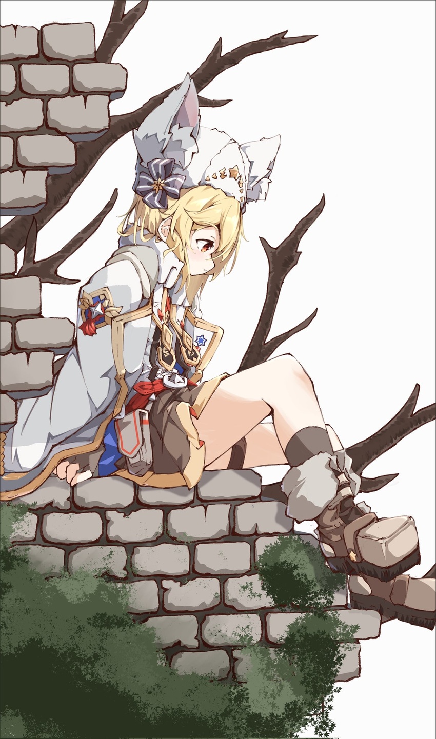 animal_ear_fluff animal_ears bare_tree belt belt_buckle blonde_hair boots brick_wall brown_footwear brown_gloves brown_legwear brown_skirt buckle bush fake_animal_ears female fingerless_gloves fur_hat girls'_frontline gloves hat highres jacket matsuo_(matuonoie) nagant_revolver_(girls'_frontline) nagant_revolver_(mod3)_(girls'_frontline) red_belt red_eyes shirt simple_background sitting skirt solo star_(symbol) tree ushanka white_hat white_jacket white_shirt