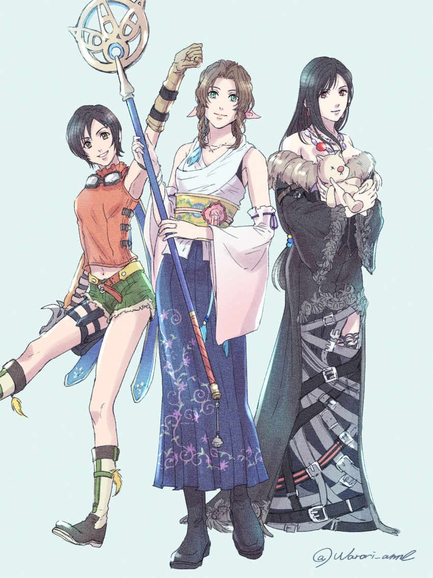 3girls aerith_gainsborough arm_up black_hair bow brown_hair character_doll commentary cosplay dress drill_hair final_fantasy final_fantasy_vii final_fantasy_x fur-trimmed_dress fur_trim hairbow hakama hakama_skirt highres in-franchise_crossover japanese_clothes long_hair long_skirt looking_at_viewer low-tied_long_hair lulu_(ff10) lulu_(ff10)_(cosplay) moogle multiple_girls rikku_(ff10) rikku_(ff10)_(cosplay) short_hair short_shorts shorts simple_background skirt smile staff staff_(ff10) standing strapless strapless_dress symbol-only_commentary tifa_lockhart twin_drills twitter_username warori_anne yuffie_kisaragi yuna_(ff10) yuna_(ff10)_(cosplay)