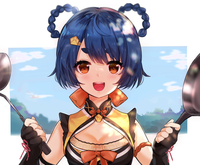 :d bare_shoulders black_gloves blue_hair blush braid braided_hair_rings breasts china_dress chinese_clothes cleavage dress female fingerless_gloves genshin_impact gloves hair_ornament hair_rings hairclip happy highres kuze_matsuri ladle looking_at_viewer open_mouth orange_eyes paw_print pot short_eyebrows short_hair small_breasts smile solo thick_eyebrows xiangling_(genshin_impact)