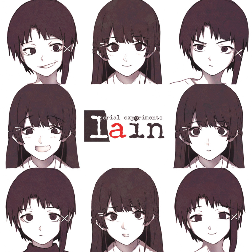 2girls :/ :| absurdres asymmetrical_hair braid close-up closed_mouth commentary copyright_name dorothy_xi expressionless expressions french_braid grin hair_ornament hairclip highres iwakura_lain long_hair monochrome multiple_girls multiple_views nijisanji open_mouth serial_experiments_lain short_hair simple_background single_sidelock smile staring tsukino_mito virtual_youtuber wavy_mouth white_background x_hair_ornament