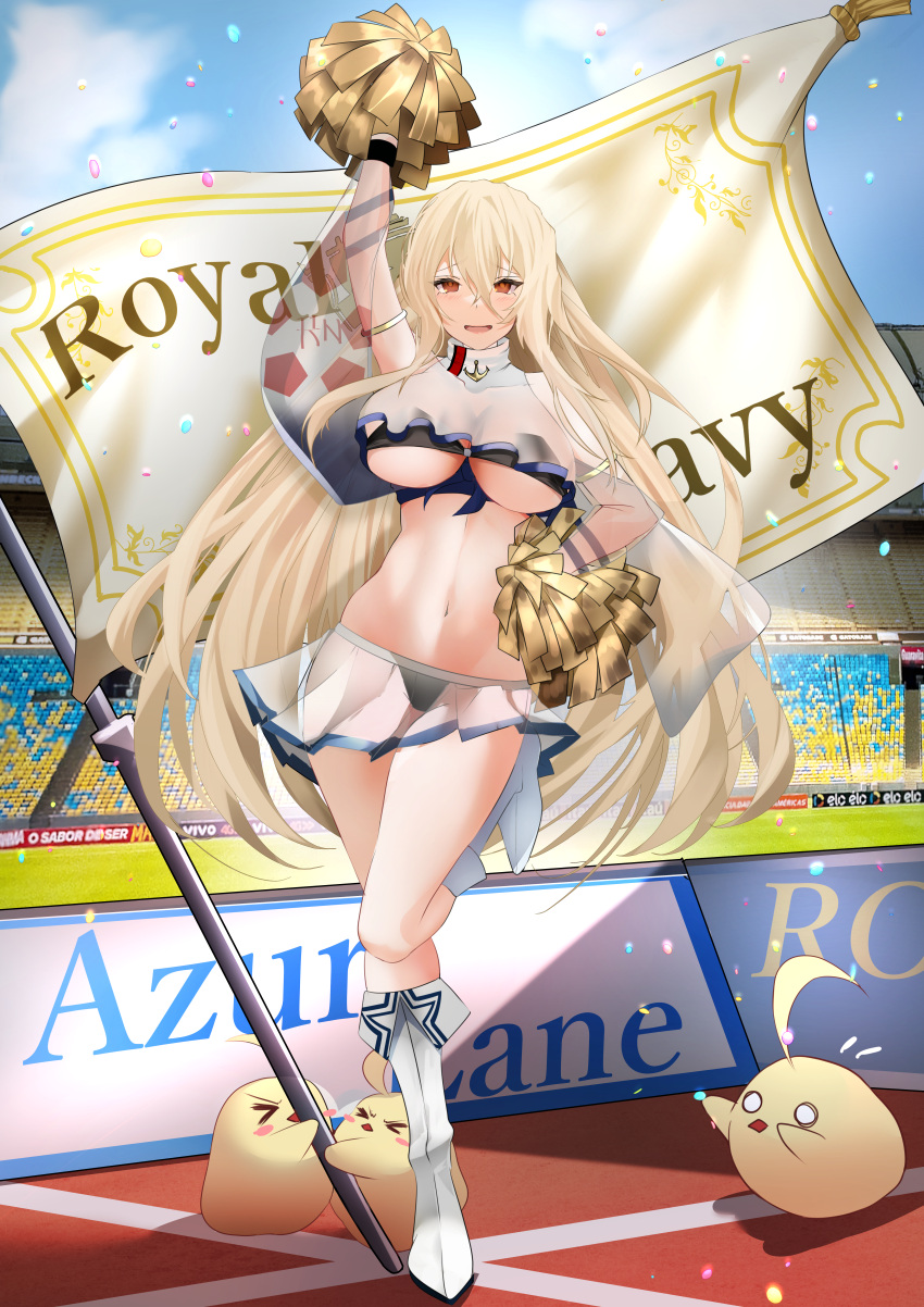 >_< absurdres arm_up armlet azur_lane bare_shoulders bikini bird black_bikini blonde_hair blue_sky blush boots breasts cheerleader chick cleavage cloud commentary_request commission confetti copyright_name cosplay covered_collarbone crop_top crop_top_overhang day female flag full_body hair_between_eyes hand_on_own_hip highres holding holding_pole holding_pom_poms implacable_(azur_lane) ishida_katsuzane large_breasts long_bangs long_hair looking_at_viewer manjuu_(azur_lane) navel o_o open_mouth pixiv_commission pole pom_pom_(cheerleading) red_eyes reno_(azur_lane) reno_(azur_lane)_(cosplay) reno_(biggest_little_cheerleader)_(azur_lane) see-through see-through_cleavage see-through_shirt see-through_skirt see-through_sleeves shadow shirt sidelocks skindentation skirt sky sleeveless soccer_field solo_focus stadium standing standing_on_one_leg stomach swimsuit thigh_boots two-tone_shirt two-tone_skirt underboob very_long_hair white_footwear white_shirt white_skirt