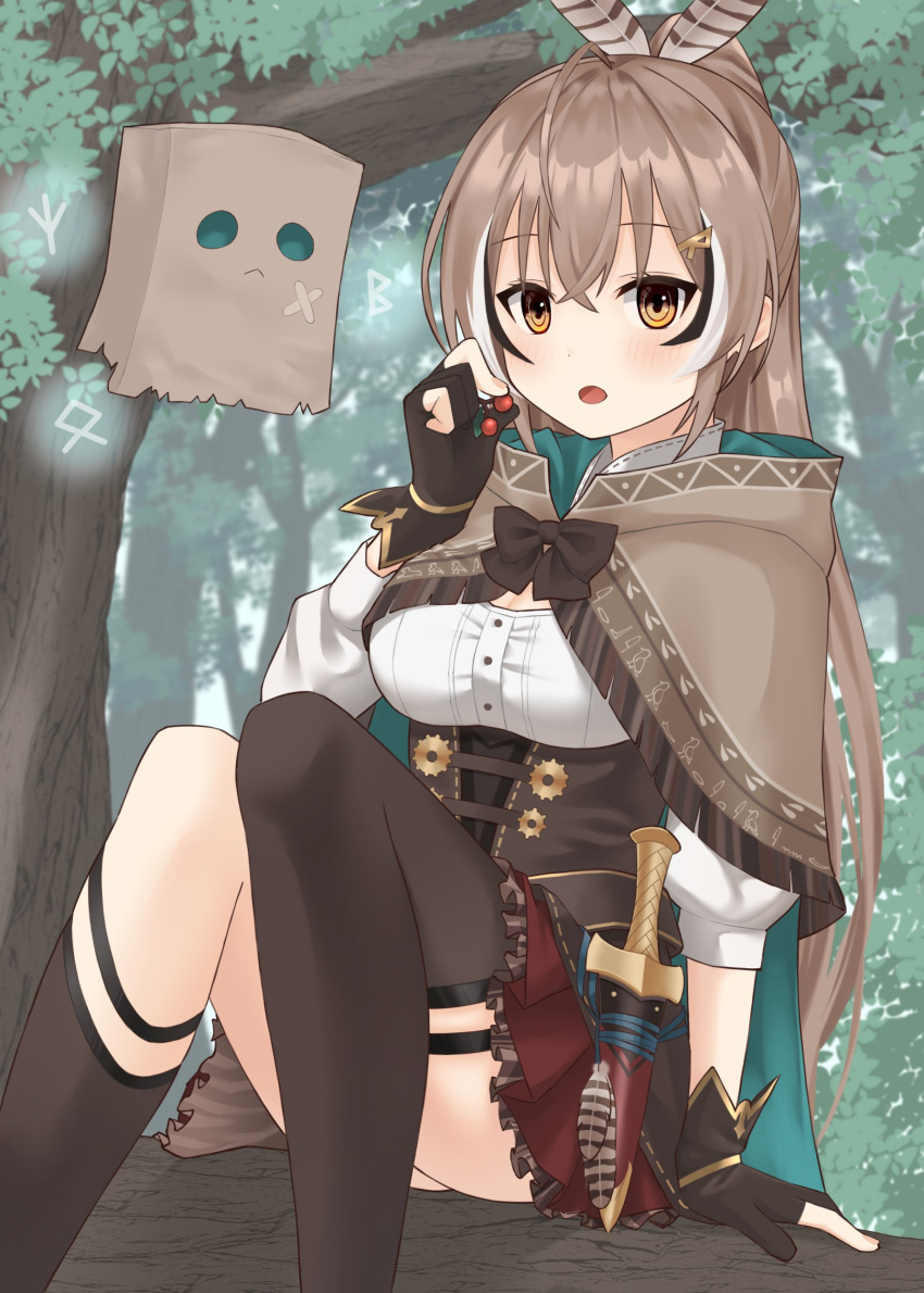 :o absurdres ahoge asymmetrical_legwear bad_id bad_twitter_id berry branch brown_capelet brown_cloak brown_corset brown_eyes brown_hair cape capelet cloak corset dagger feather_hair_ornament feathers female forest friend_(nanashi_mumei) gloves hair_ornament hairclip hieroglyphics highres hololive hololive_english in_tree knee_strap kneehighs knife long_hair looking_at_viewer multicolored_hair nanashi_mumei nanashi_mumei_(1st_costume) nature partially_fingerless_gloves pleated_skirt ponytail red_skirt ribbon runes shirt single_kneehigh single_sock single_thighhigh sitting sitting_in_tree skirt soba_(sobaya1938) socks streaked_hair thigh_strap thighhighs tree very_long_hair virtual_youtuber weapon white_shirt