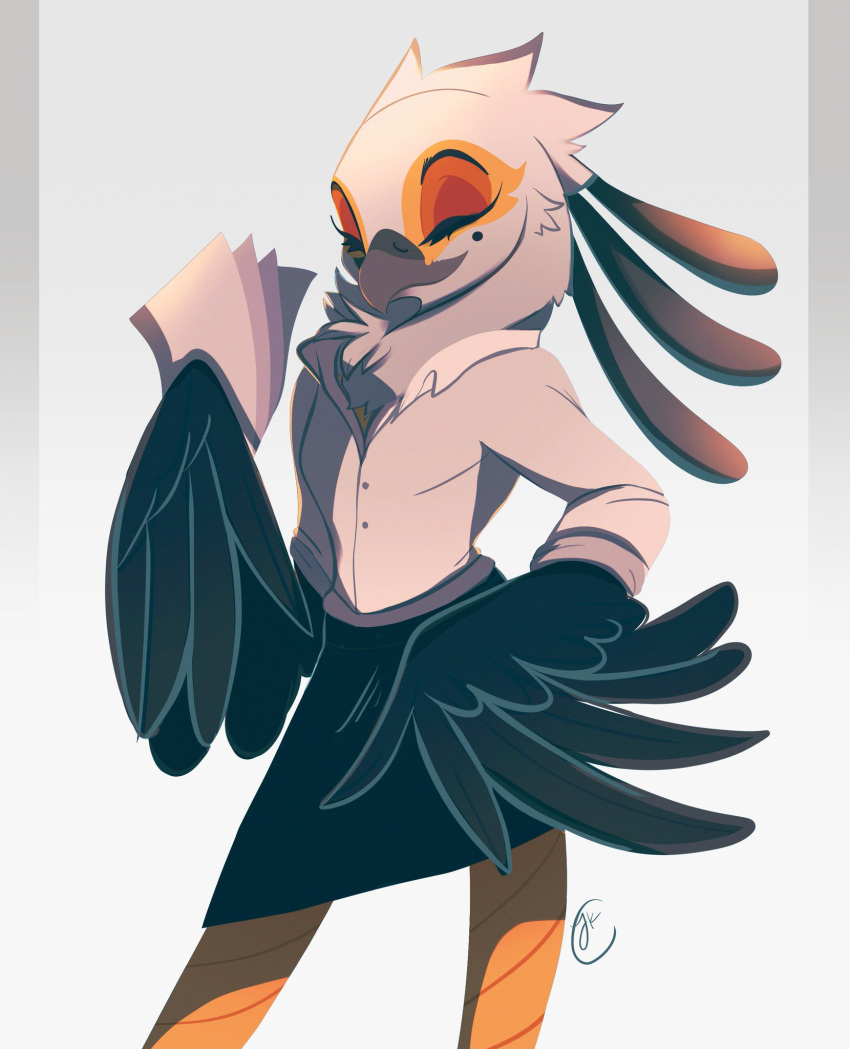 accipitriform aggressive_retsuko anthro avian bird bottomwear closed_eyes clothing feathers female hands_on_hips hi_res holding_object jaykitten sanrio secretary_bird secretary_washimi signature simple_background skirt solo wings