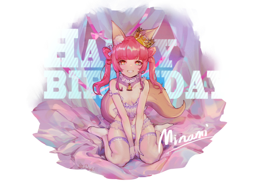 animal_ears between_legs blunt_bangs bra copyright_request crown female fishnet_thighhighs fishnets fox_ears fox_tail hand_between_legs happy_birthday heart heart-shaped_pupils highres jiliang_jiying_yumao looking_at_viewer navel orange_eyes panties red_hair signature sitting smile solo symbol-shaped_pupils tail thighhighs tilted_headwear twintails underwear wariza white_bra white_panties