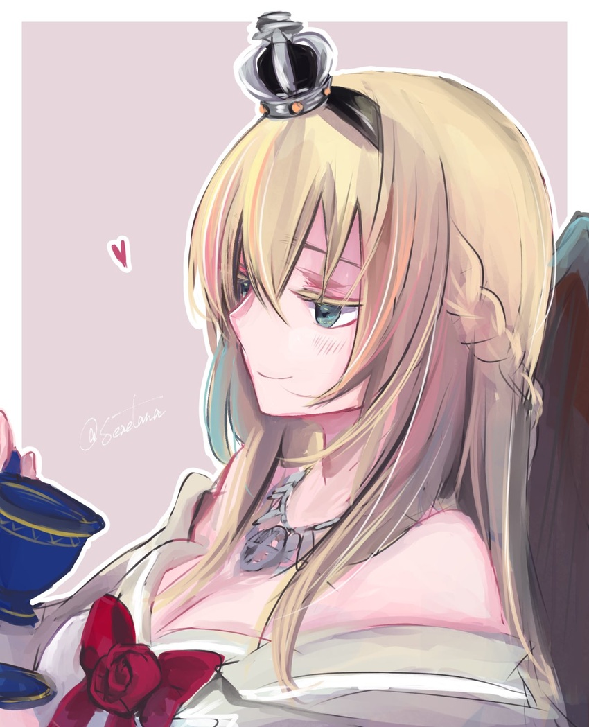 black_hairband blonde_hair blue_eyes border braid commentary_request crown cup dress female flower grey_background hairband half_up_braid highres kantai_collection long_hair long_sleeves mini_crown off-shoulder_dress off_shoulder red_flower red_ribbon red_rose ribbon rose saucer solo teacup tobari_(seaetana) two-tone_background upper_body warspite_(kancolle) white_border white_dress