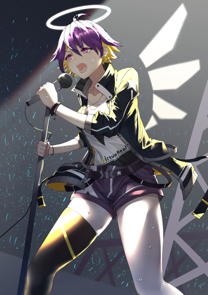 absurdres belt black_belt black_jacket black_legwear blonde_hair colored_inner_hair drawn_wings female halo highres holding holding_microphone_stand jacket jiliang_jiying_yumao long_sleeves medium_hair microphone microphone_stand multicolored_hair nijisanji open_clothes open_jacket open_mouth pale_skin pantyhose purple_eyes purple_hair purple_shorts saya_(virtuareal) shirt short_shorts shorts single_thighhigh single_wing solo sweat thighhighs virtual_youtuber virtuareal white_shirt wings wristband