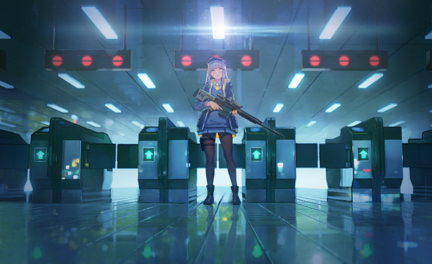 beret blunt_bangs boots fare_gate female gun hat holster indoors lens_flare long_hair looking_at_viewer looking_down necktie original pantyhose reflection rifle scenery scope sidelocks skirt sniper_rifle solo sweater_vest thigh_holster thigh_strap train_station trigger_discipline weapon white_hair yasumo_(kuusouorbital) yellow_eyes