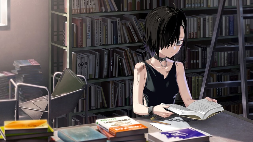 ahoge black_hair black_shirt blurry blurry_foreground bookshelf breasts chisato_(hentai_prison) collar collarbone cuffs female game_cg grey_eyes hair_over_one_eye handcuffs hentai_prison ichitora indoors parted_lips reading scar shirt short_hair sitting sleeveless sleeveless_shirt small_breasts solo upper_body