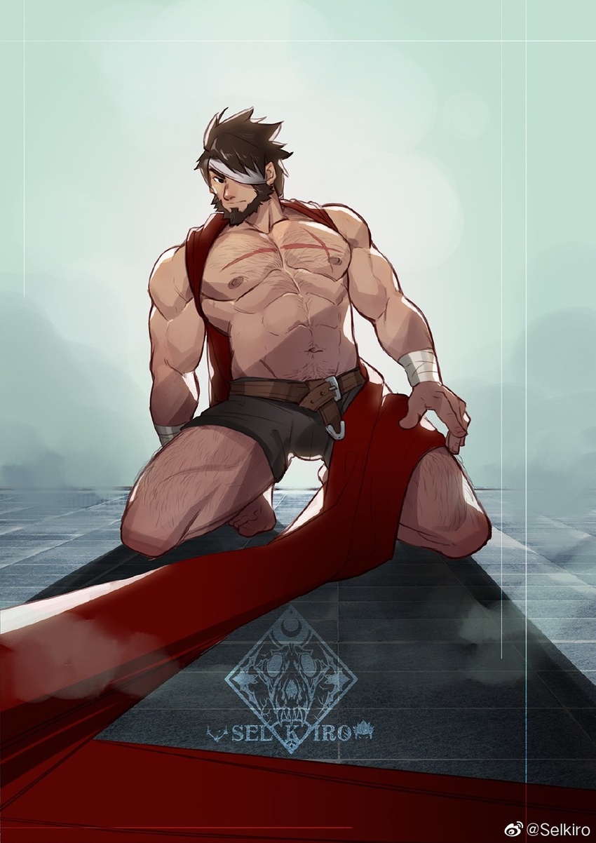 1boy bandaged_wrist bandages bara beard belt black_eyes brown_belt brown_hair chest_hair closed_mouth facial_hair highres looking_at_viewer male_focus mature_male muscular muscular_male one_eye_covered original pectorals scar scar_on_chest selkiro shorts sideburns solo