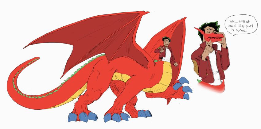 2019 4_toes 5_fingers alyd american_dragon:_jake_long big_wings black_hair bottomless clothed clothing disney dragon dragon_taur english_text feet fingers green_highlights green_mane hair hi_res highlights_(coloring) jake_long male male_taur mane membrane_(anatomy) membranous_wings mythological_creature mythological_scalie mythology pooqa red_body red_skin red_wings scales scalie simple_background slinkydragon_(colorist) small_upper_body solo tail taur text toes transformation wings yellow_body yellow_scales