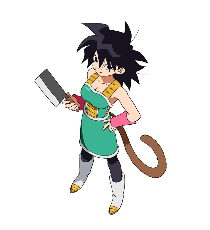 ankle_boots armor bare_arms black_eyes black_hair black_pantyhose boots breastplate breasts cleaver closed_mouth collarbone commentary_request dragon_ball dragon_ball_minus dragon_ball_super dragon_ball_super_broly female from_above full_body gine green_skirt hand_on_own_hip hand_up highres holding holding_cleaver holding_knife knife korean_commentary lado_(rado) legs_apart looking_at_viewer looking_up loose_hair_strand medium_breasts medium_hair messy_hair monkey_tail pantyhose pink_wristband protected_link simple_background skirt smile solo standing tail tsurime white_background white_footwear wristband