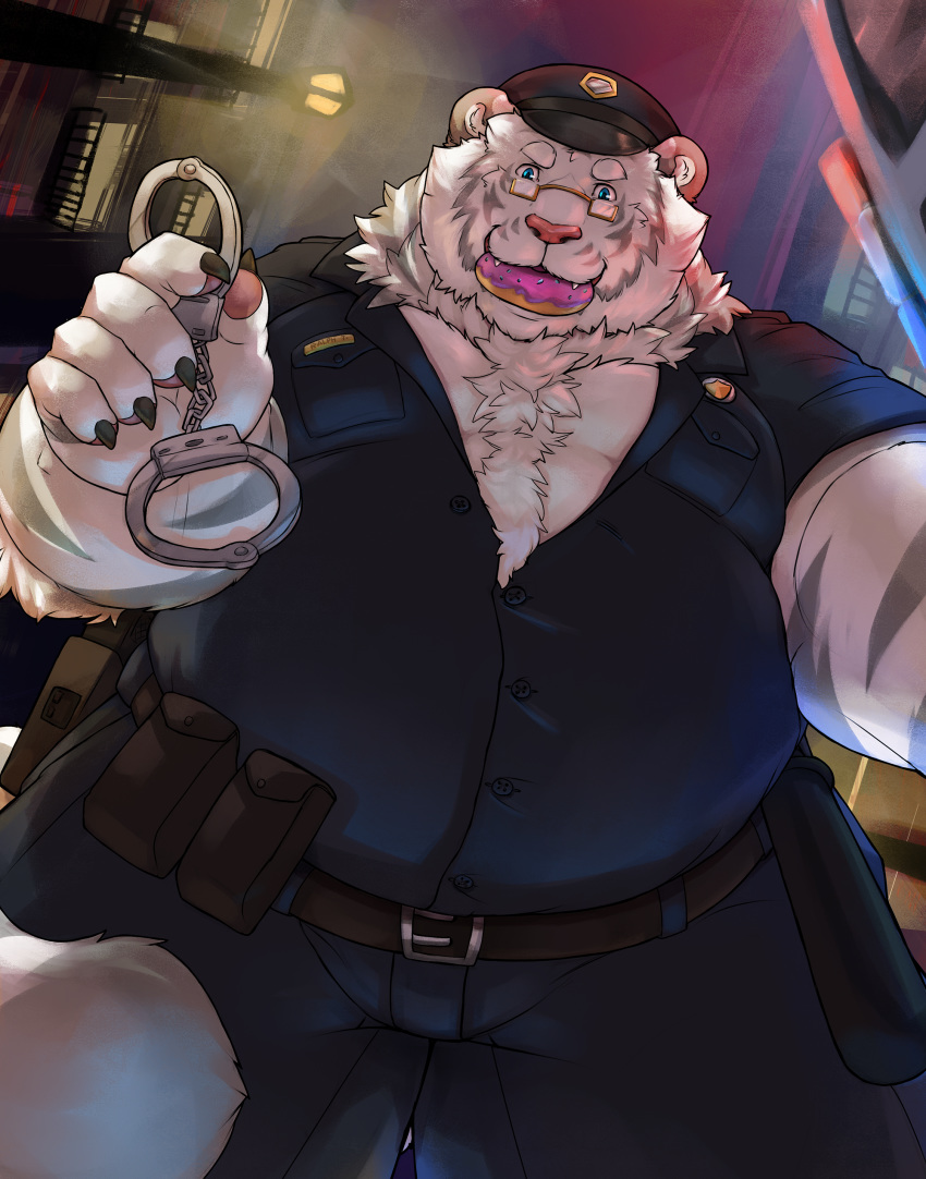 absurd_res anthro badge belly belt cinna-tree claws clothed clothing cuff_(restraint) dessert detailed_background doughnut eating eyewear felid food fur glasses handcuffs hat headgear headwear hi_res holding_object male mammal metal_cuffs moobs obese obese_anthro obese_male outside overweight overweight_anthro overweight_male pantherine pastry police police_officer_eating_donut police_uniform restraints shackles smile solo striped_body striped_fur stripes tiger uniform white_body white_fur