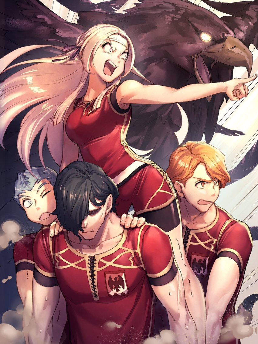 3boys animal armpits bird black_hair blue_hair brown_hair caspar_von_bergliez eagle edelgard_von_hresvelg female ferdinand_von_aegir fire_emblem fire_emblem:_three_houses glowing glowing_eyes gym_uniform headband highres hubert_von_vestra kibasen long_hair looking_to_the_side moyashi_mou2 multiple_boys open_mouth pointing shorts sleeveless white_hair