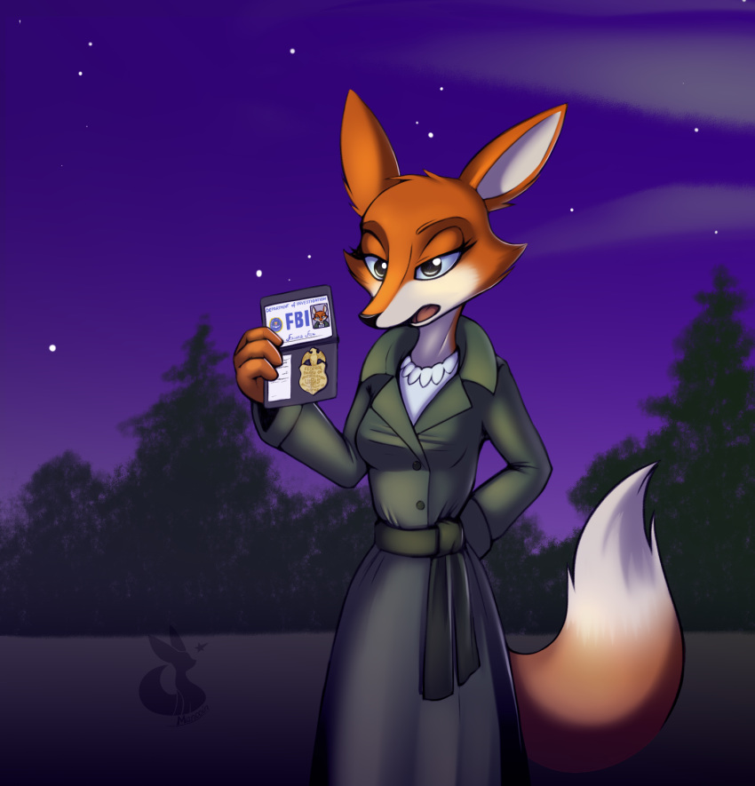 anthro badge canid canine clothed clothing coat digital_media_(artwork) fauna_fox fbi female fox fur hi_res looking_at_viewer mammal mancoin night orange_body orange_fur raincoat simple_background solo the_f_tales topwear trenchcoat white_body white_fur