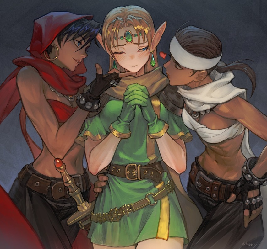 3: 3girls artist_name belt black_hair blonde_hair blue_eyes bracelet breasts brown_hair cleavage commentary cowboy_shot dungeons_&_dragons dungeons_&_dragons:_shadow_over_mystara earrings elf fingerless_gloves forehead_jewel girl_sandwich gloves green_gloves hand_on_own_hip headband heart highres hoop_earrings jewelry long_hair long_pointy_ears looking_to_the_side lucia_(d&d) medium_breasts moriah morry multiple_girls navel necklace one_eye_closed own_hands_clasped own_hands_together pants parted_lips pointy_ears ponytail red_hood red_scarf sandwiched scarf shannon_(d&d) short_hair shoulder_pads studded_gloves sword symbol-only_commentary tan thief toned tunic weapon white_scarf yuri