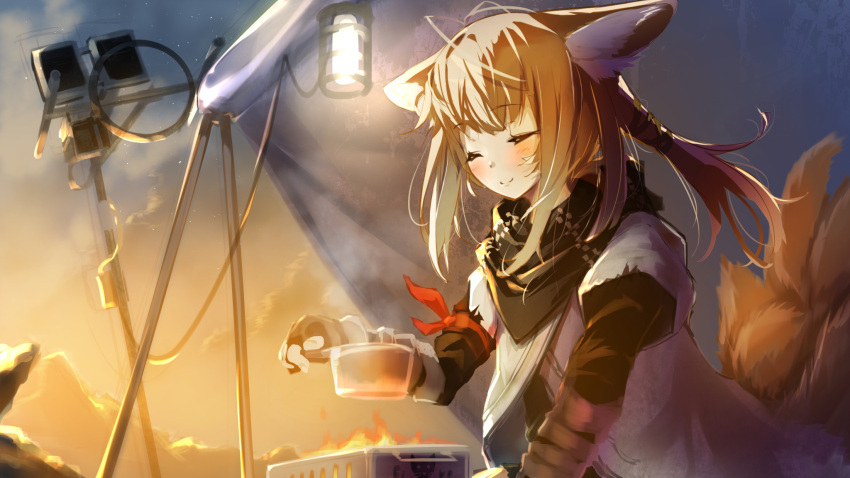 animal_ear_fluff animal_ears arknights black_gloves black_scarf blonde_hair blush closed_eyes cloud commentary_request cooking female fingerless_gloves fire fox_ears fox_girl fox_tail gloves hellnyaa highres holding holding_saucepan kitsune kyuubi multiple_tails official_alternate_costume ponytail red_ribbon ribbon saucepan scarf sky smile solo stove suzuran_(arknights) suzuran_(lostlands_flowering)_(arknights) tail upper_body