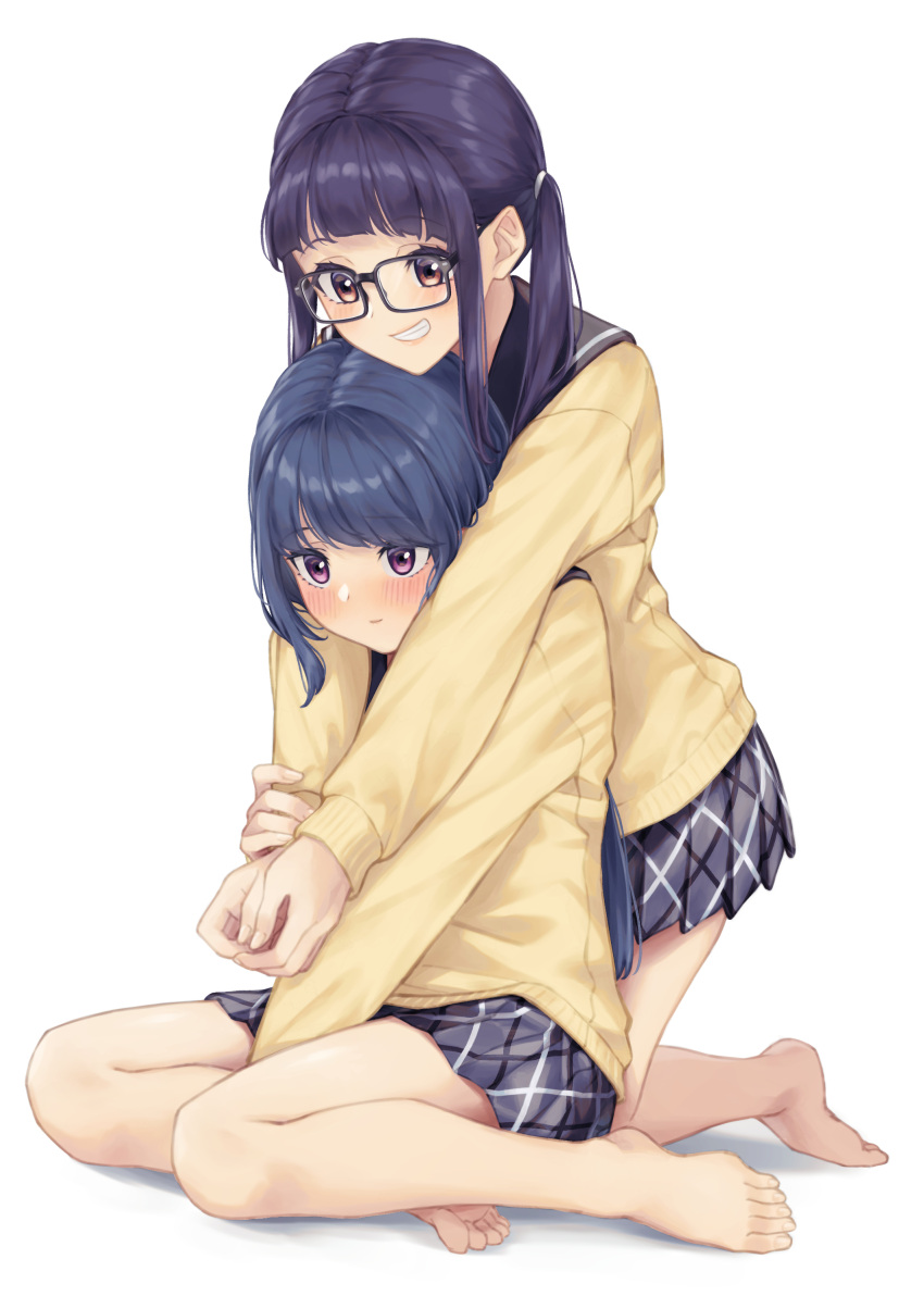 2girls absurdres bad_id bad_pixiv_id banana_oekaki barefoot black-framed_eyewear blue_hair blush cardigan feet full_body glasses grin highres hug hug_from_behind long_hair motosu_school_uniform multiple_girls oogaki_chiaki plaid plaid_skirt pleated_skirt purple_eyes purple_hair school_uniform serafuku shima_rin simple_background skirt smile toes white_background yuri yurucamp