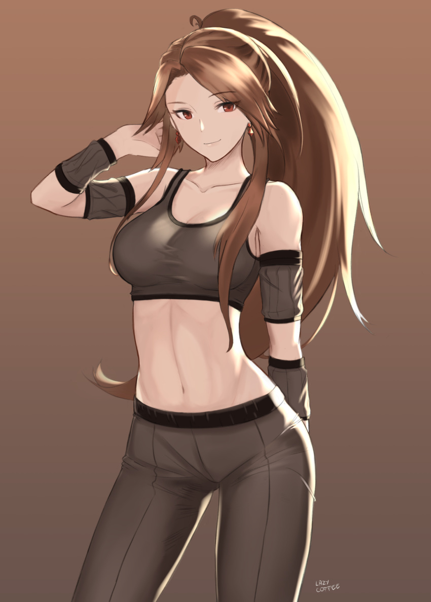 arm_up artist_name bare_shoulders breasts brown_background brown_hair brown_pants closed_mouth commentary contrapposto cowboy_shot earrings female gradient_background granblue_fantasy high_ponytail highres jewelry katalina_(granblue_fantasy) lazycoffee_(wyen_iscordo) long_hair looking_at_viewer medium_breasts navel pants red_eyes sidelocks smile solo sportswear stomach very_long_hair