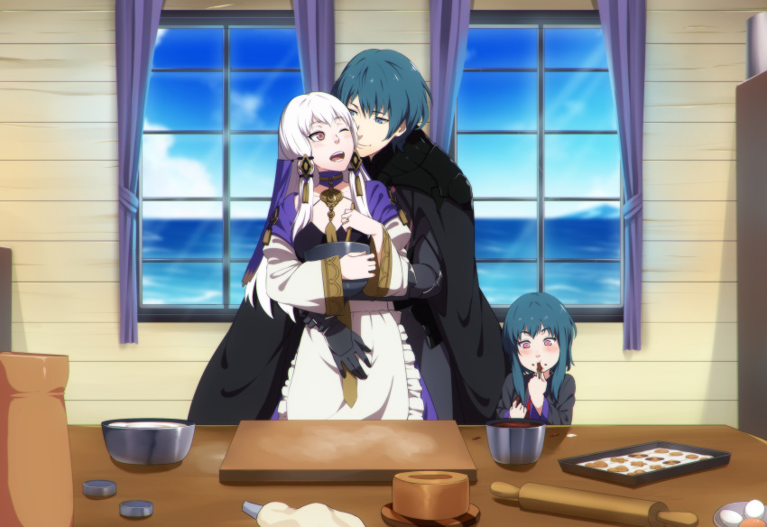 1boy 2girls apron baby baking bowl byleth_(fire_emblem) byleth_(male)_(fire_emblem) commission cookie cooking couple dannex009 family father_and_daughter finger_in_own_mouth finger_to_mouth fire_emblem fire_emblem:_three_houses food green_hair happy highres hug hug_from_behind husband_and_wife if_they_mated licking licking_finger lolicon lysithea_von_ordelia md5_mismatch mother_and_daughter multiple_girls ocean one_eye_closed pastry pastry_bag resolution_mismatch source_smaller straight white_hair window