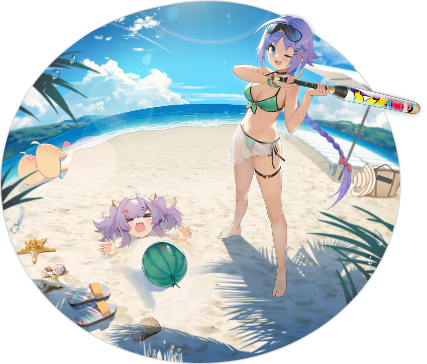 2girls antoniotto_usodimare_(azur_lane) azur_lane bag barefoot beach beach_umbrella bikini blue_eyes blush bow braid breasts cleavage cloud day eyewear_on_head food fruit green_bikini hair_ornament hairbow halterneck hat highres holding kexue long_hair looking_at_viewer manjuu_(azur_lane) medium_breasts multiple_girls navel nicoloso_da_recco_(azur_lane) nicoloso_da_recco_(to_a_smashing_voyage!)_(azur_lane) ocean official_alternate_costume official_art one_eye_closed outdoors palm_leaf pink_bow purple_hair sand sarong side-tie_bikini_bottom single_braid skindentation sky smile star_(symbol) star_hair_ornament starfish string_bikini sun_hat swimsuit thigh_strap transparent_background umbrella very_long_hair water water_drop watermelon