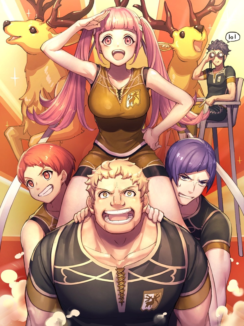 2girls 3boys animal antlers binoculars brown_hair chair claude_von_riegan deer fire_emblem fire_emblem:_three_houses gym_uniform headband highres hilda_valentine_goneril horns kibasen leonie_pinelli lorenz_hellman_gloucester moyashi_mou2 multiple_boys multiple_girls open_mouth pink_hair purple_hair raphael_kirsten sitting sleeveless smile twintails