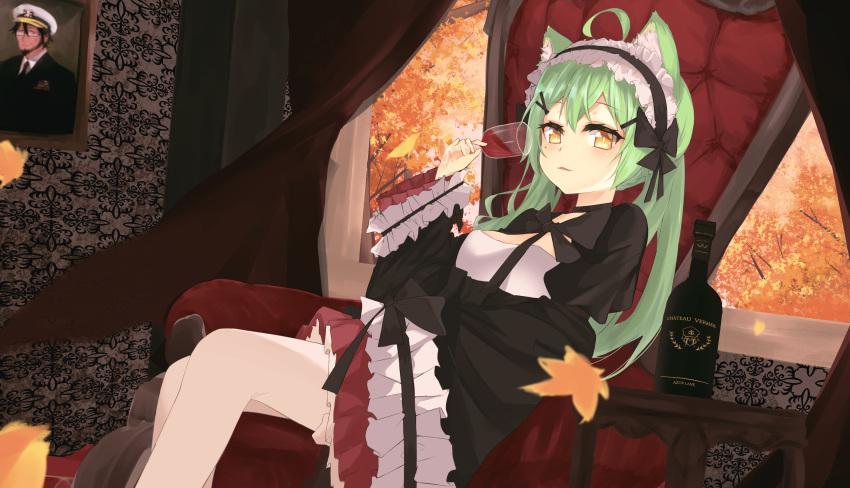 absurdres ahoge akashi_(azur_lane) akashi_(the_black_cat_cometh!)_(azur_lane) alcohol animal_ear_fluff animal_ears azur_lane black_dress black_hairband bottle commander_(azur_lane) cup dress drinking_glass female frilled_hairband frills green_hair hairband highres holding holding_cup indoors looking_at_viewer official_alternate_costume portrait_(object) sitting wine wine_bottle wine_glass yellow_eyes yunano