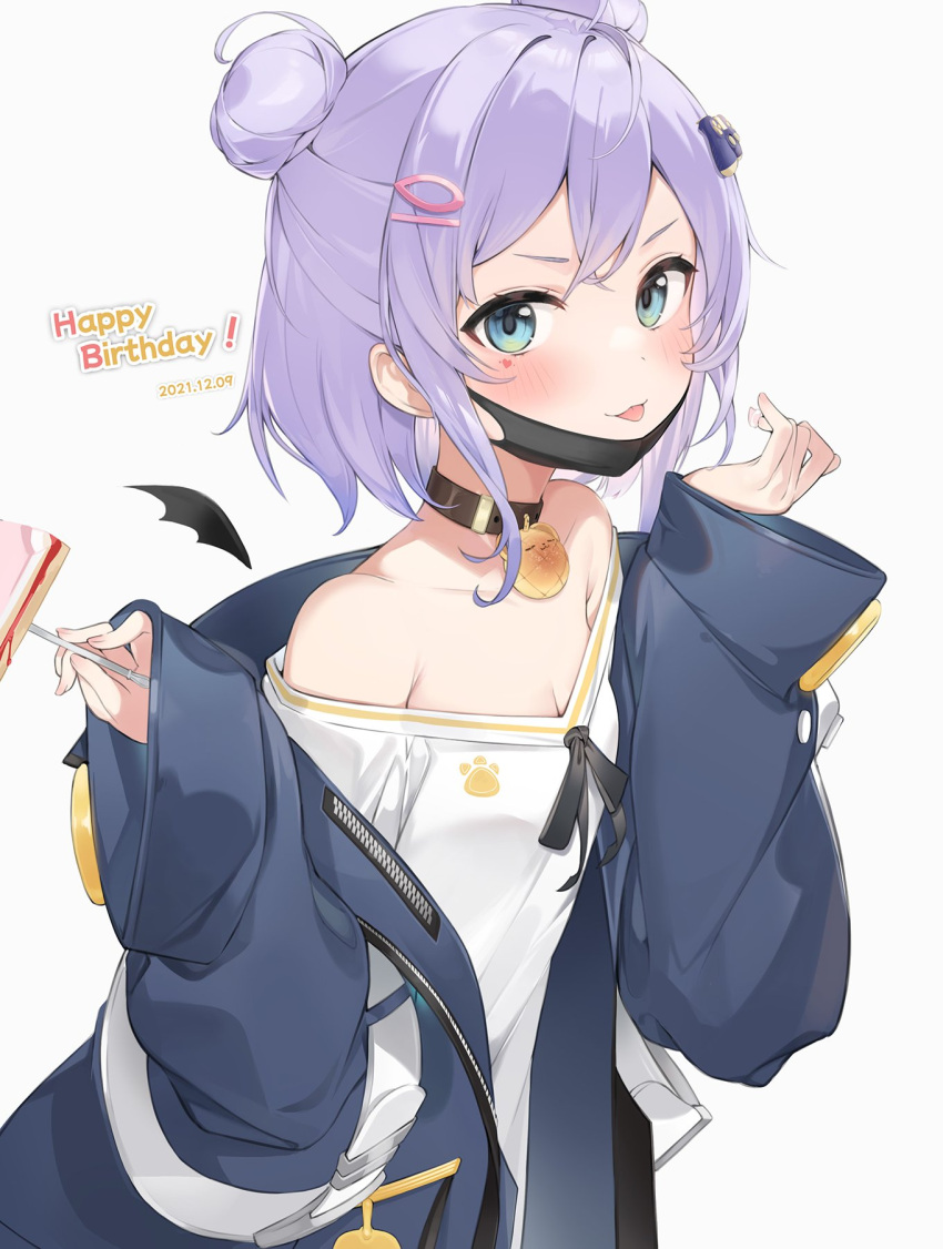 blue_eyes blue_jacket blush breasts cake cleavage dated double_bun english_commentary female food hair_bun happy_birthday highres indie_virtual_youtuber jacket mask mint_(psmin30) off-shoulder_shirt off_shoulder purple_hair second-party_source shirt shizukou small_breasts smile solo tongue tongue_out virtual_youtuber white_background white_shirt