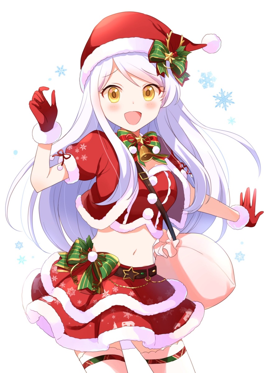 :d bell belt black_belt bow bow_skirt bowtie buchi_(y0u0ri_) carrying christmas cowboy_shot crop_top cropped_jacket eve_santaclaus female fur-trimmed_skirt fur_trim gloves hat hat_bow highres idolmaster idolmaster_cinderella_girls jacket layered_skirt long_hair looking_at_viewer midriff miniskirt navel neck_bell open_mouth puffy_short_sleeves puffy_sleeves red_gloves red_hat red_jacket red_shirt sack santa_costume santa_gloves santa_hat shirt short_sleeves simple_background skirt smile snowflakes solo standing star_(symbol) swept_bangs thigh_strap white_background white_hair yellow_eyes