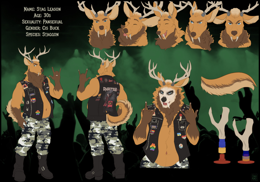 absurd_res alternative_fashion anthro antlers ass bands belly body_modification boots bottomwear camo camo_bottomwear camo_clothing camo_print cinnamomo clothing corpse_paint deer devil_horns_(gesture) diagram double_devil_horns_(gesture) expressions fangs footwear fur furgonomics gesture hand_gesture hi_res highlights_(coloring) hooves horn lgbt_pride looking_at_viewer male mammal metalhead model_sheet navel nipples orange_body orange_fur pansexual patch_(fabric) patched_clothing pattern_bottomwear pattern_clothing pride_color_patch pride_colors progress_pride_colors rainbow_pride_colors shirtless six-stripe_rainbow_pride_colors slightly_chubby smile solo stag_leason teeth topwear vest