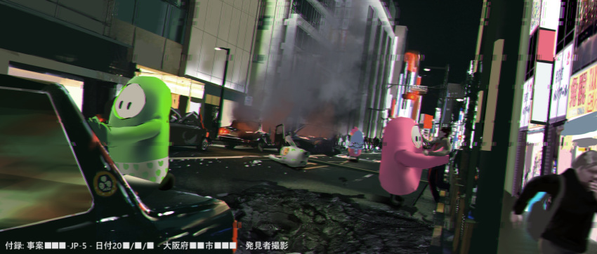 autism_wanderer bad_id bad_pixiv_id bag car chromatic_aberration city commentary_request fall_guy fall_guys fire fleeing grabbing highres looking_at_another motor_vehicle night outdoors road rubble scp_foundation shoulder_bag smoke street sweater