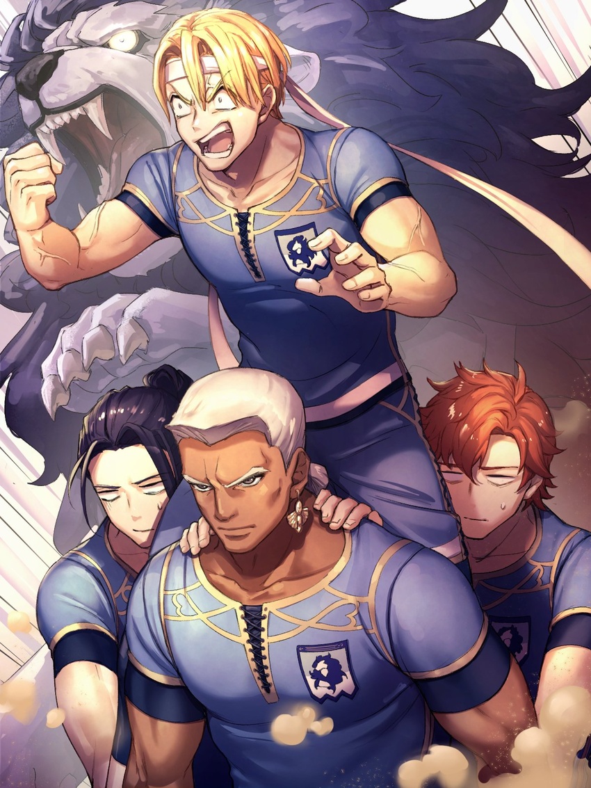 4boys animal blonde_hair blue_hair brown_hair claws clenched_hands dedue_molinaro dimitri_alexandre_blaiddyd fangs felix_hugo_fraldarius fire_emblem fire_emblem:_three_houses grey_hair gym_uniform headband highres kibasen lion looking_to_the_side mane moyashi_mou2 multiple_boys open_mouth sweatdrop sylvain_jose_gautier veins white_hair