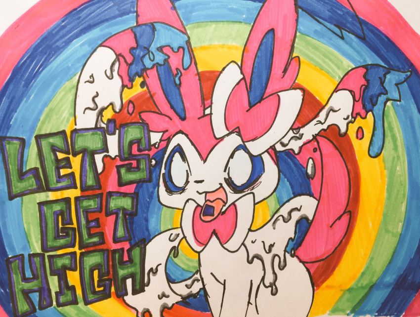 2017 abstract_background ambiguous_gender blue_sclera colorful_theme drugs eeveelution english_text feral front_view fur generation_6_pokemon hi_res lsd melting multicolored_body multicolored_fur mure nintendo nude open_mouth open_smile pokemon pokemon_(species) psychedelic psychedelic_background quadruped rainbow_background simple_background smile solo superflat surreal sylveon text tongue tongue_out toony white_eyes