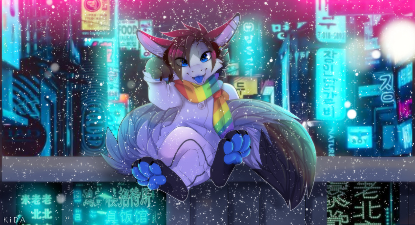 absurd_res anthro barefoot black_body black_fur black_tail blue_eyes blue_pawpads blue_tongue city cityscape clothed clothing crossed_legs dragon feet fully_clothed fur furred_dragon furred_scalie grey_body grey_fur grey_tail hair hi_res kidaoriginal lumikin male multicolored_scarf mythological_creature mythological_scalie mythology pawpads rainbow_scarf scalie scarf sitting solo tail tongue