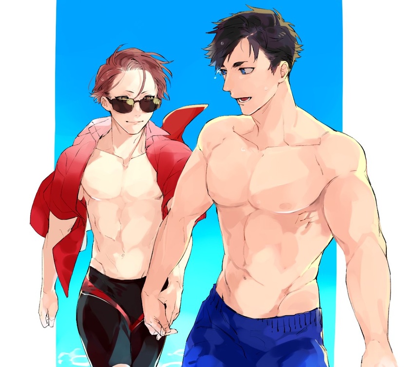 2boys alternate_costume black_male_swimwear blue_background blue_eyes blue_male_swimwear closed_mouth collarbone collared_shirt cowboy_shot gradient_background groin holding_hands joker_game light_smile looking_at_another lower_teeth_only male_focus male_swimwear messy_hair miyoshi_(joker_game) multiple_boys open_clothes open_mouth open_shirt outside_border red_hair red_shirt sakuma_(joker_game) shi646 shirt short_hair short_sleeves sunglasses swept_bangs swim_trunks teeth toned toned_male topless_male water wind