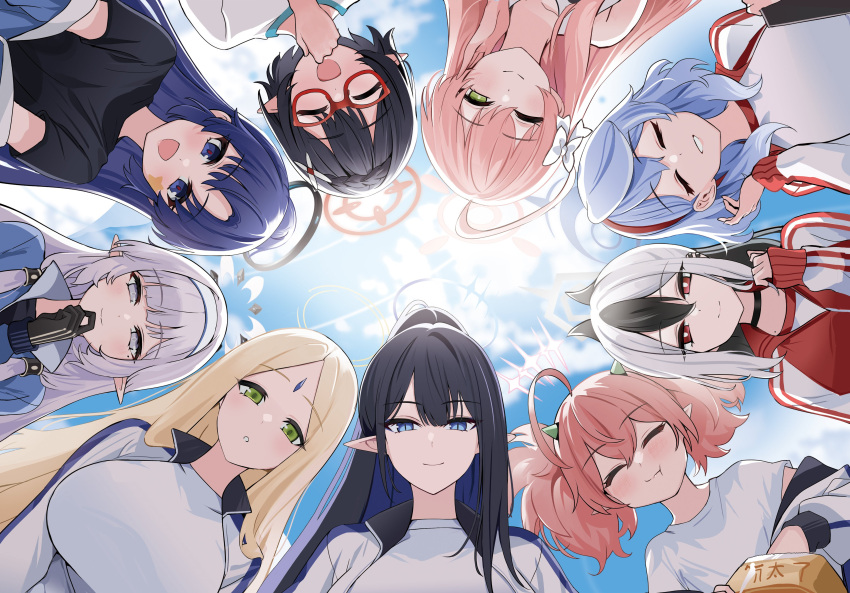 6+girls ;) ^_^ absurdres ahoge ako_(blue_archive) ako_(track)_(blue_archive) ayane_(blue_archive) ayumu_(blue_archive) black_choker black_gloves blue_archive blue_sky blush bow breasts choker circle_formation closed_eyes commentary demon_horns eating facepaint facing_viewer forehead_jewel from_below glasses gloves gym_shirt gym_uniform hairbow halo hanako_(blue_archive) headband highres himari_(blue_archive) horns huge_breasts jacket kayoko_(blue_archive) long_hair looking_at_viewer mole mole_on_neck mole_under_eye momoka_(blue_archive) multiple_girls official_alternate_costume one_eye_closed pointy_ears red-framed_eyewear rin_(blue_archive) shirt sky smile star_(symbol) sunlight track_jacket white_headband yuki_(asayuki101) yuuka_(blue_archive) yuuka_(track)_(blue_archive)