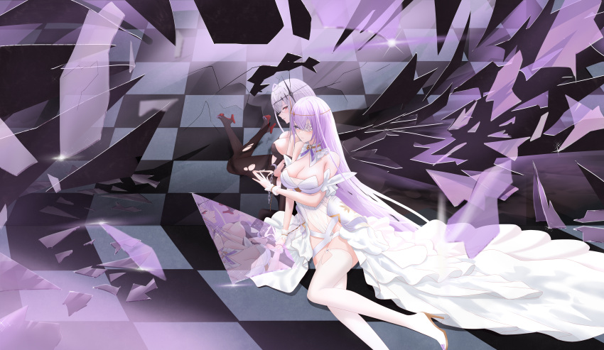 2girls absurdres ahoge azur_lane black_dress breasts broken_glass cleavage dress dual_persona emden_(azur_lane) flower flower_over_eye glass highres junwu large_breasts long_hair lying multiple_girls reflection rose shattered thighhighs thighs torn_clothes torn_thighhighs very_long_hair white_dress white_flower white_hair white_rose